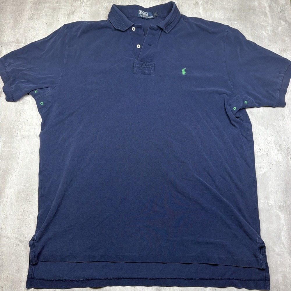 Vintage Polo Ralph Lauren Rugby Polo Shirt Navy Blue Green Pony Mens XL Cotton